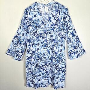 Joie Linen Blend Dress Women's 10 Blue White Floral Tropical Summer Vacay Preppy